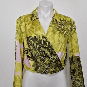 Maison d Amelie Boho Green & Pink *NEW Bohemian Bell Sleeve Hippie Crop Blouse S